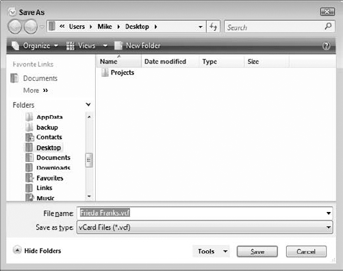 Saving a contact as a vCard file.