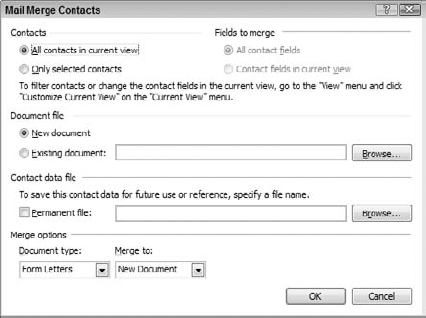 Performing a mail merge with Outlook contacts.