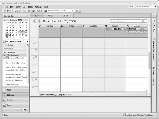 In Calendar view, the navigation pane displays the Date Navigator.