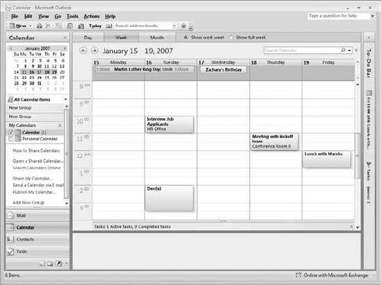 The Outlook Calendar displaying an entire week's appointments.