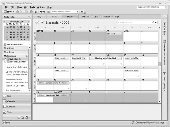 The Outlook Calendar displaying a month's appointments.