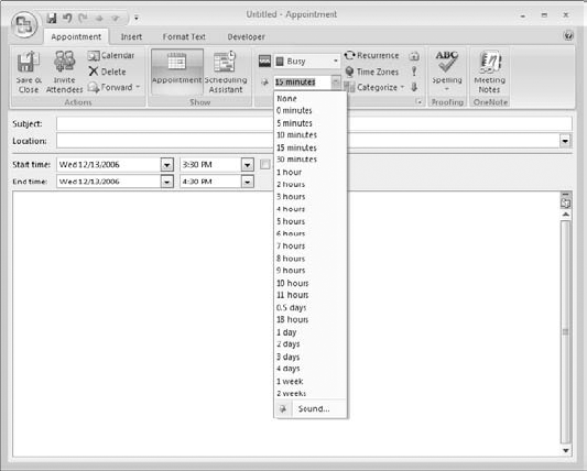 Specifying the reminder interval for an appointment.