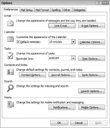 The Calendar section of the Preferences tab in the Options dialog box.