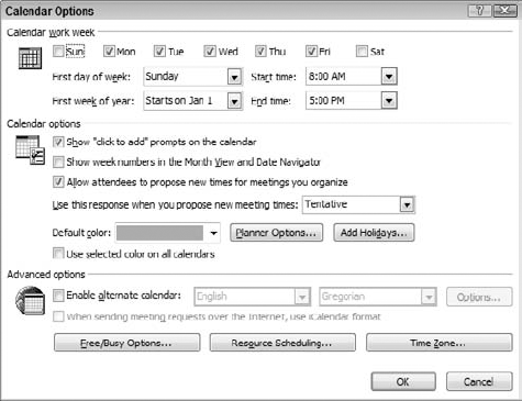 The Calendar Options dialog box.