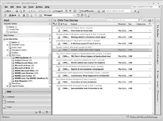 The titles of the items in the selected RSS feed are displayed in the main window.