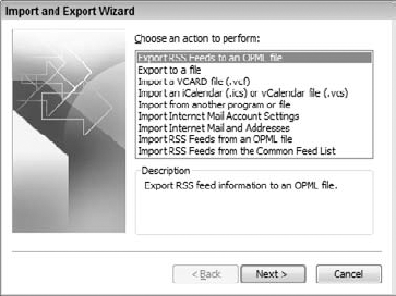 Exporting RSS feed information to an OPML file.