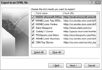 Selecting which RSS feeds to include in the OPML file.