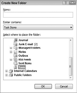 Creating a new folder to hold non-email items, Tasks in this case.