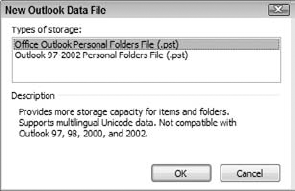 Selecting the format for a new personal folders file.
