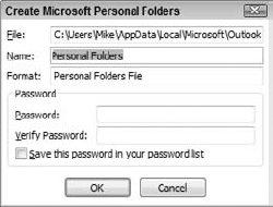 Specifying the display name and password for a new personal folders file.
