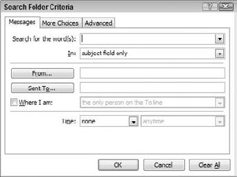 Setting criteria for a custom search folder.