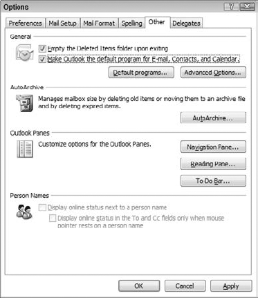 Setting options for emptying the Deleted Items folder.