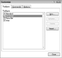 The Toolbars tab of the Customize dialog box.