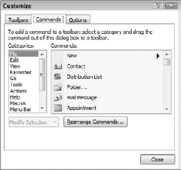The Commands tab of the Customize dialog box.