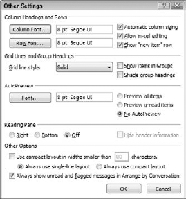 The Other Settings dialog box controls fonts, gridlines, and other miscellaneous aspects of the view.