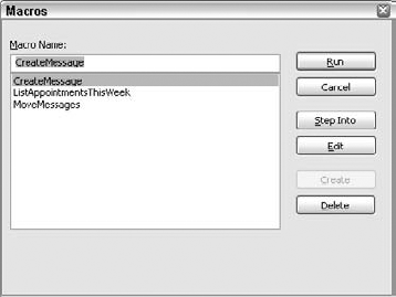 The macro MoveMessages is listed in the Macros dialog box.