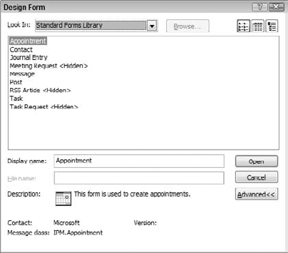 Selecting the template for a custom form.