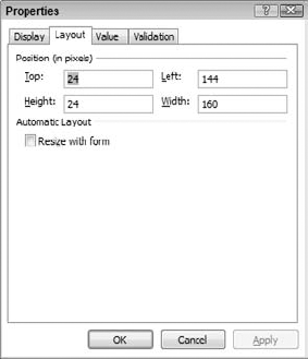 The Layout tab of the property sheet.