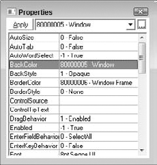 The advanced properties for a control are listed in the Properties dialog box.