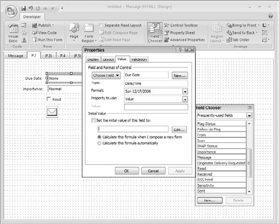 The Value tab of a control's property sheet specifies the field the control represents.