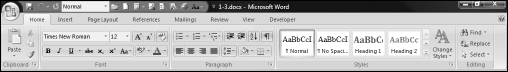 Word 2007's ribbon, shown in Home position on a 19-inch monitor using normal-size fonts