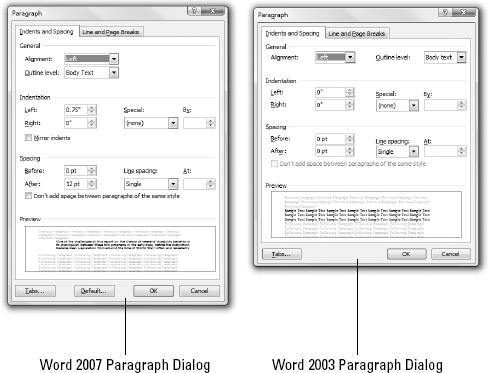 Can you spot the differences between the Word 2007 and Word 2003 dialog boxes? Without running the two versions side by side, you might never notice Word 2007's new feature: Mirror Indents!