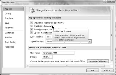 The Word Options dialog box features Information icons to clarify selected options.