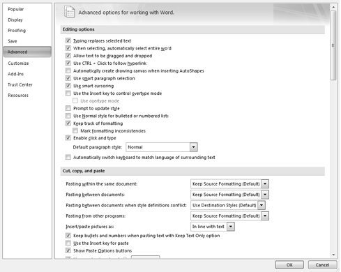 Word's Advanced options contain over 150 settings.