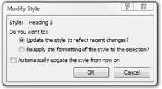 The Advanced Word option Prompt to Update Style tells Word to prompt you when you attempt to reapply a style (other than Normal) to text that contains formatting that differs from the current style's settings.