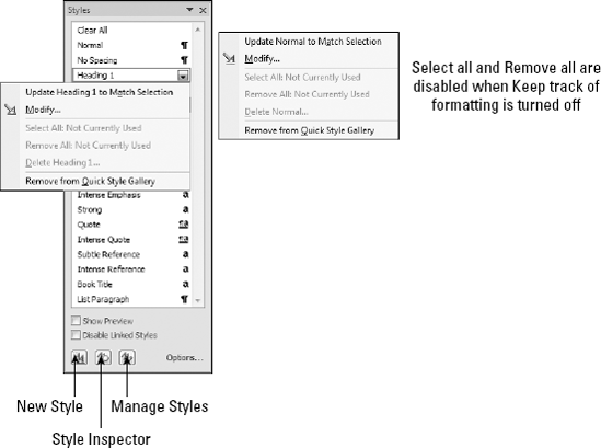 Right-click a style in the Styles task pane for style-specific options.