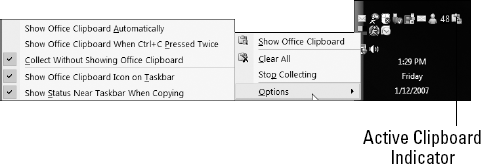 Right-click the Active Office Clipboard indicator to display available options.