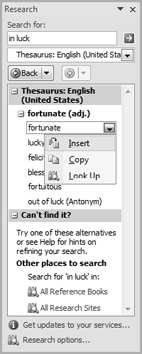 Word's Research pane does duty as a thesaurus when you press Shift+F7.