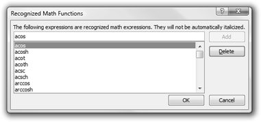 You can add or delete expressions you don't want italicized when editing in math regions.