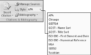 Create, use, and manage bibliographic sources from the Citations & Bibliography group in the References ribbon.