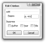 Edit the citation to provide page numbers or to suppress Author, Year, or Title.