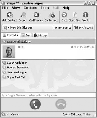 The main Skype window appears when you launch Skype.