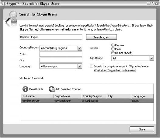 The Skype Search page helps you locate fellow skypers.