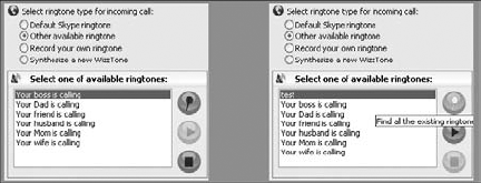 Wizztones ringtones selection window.