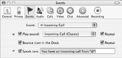 Customizing Skype announcements on a Macintosh computer in the Events window.