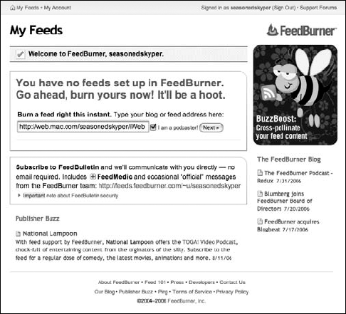 Adding your blog or feed address to FeedBurner.