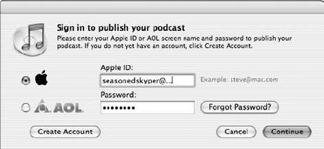 Signing in to publish your podcast on iTunes.