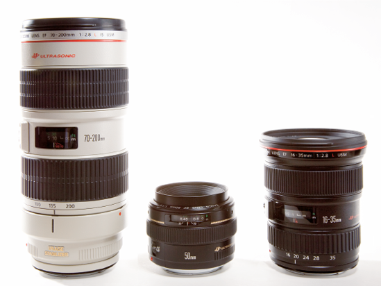 Although zoom lenses are versatile, single-focal-length lenses are often smaller and lighter. The Canon EF 50mm f/1.4 lens, shown in the center, is one of the lightest and still most versatile lenses in Canon's lineup.