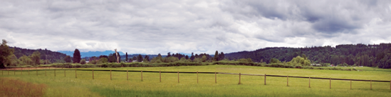 This panoramic was stitched together from five images of a farming community in the shadow of the mountains near Carnation, Washington.