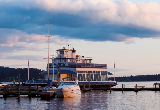 This image captures a popular dinner-cruise ship just before passengers begin boarding for the sunset cruise on Lake Washington.