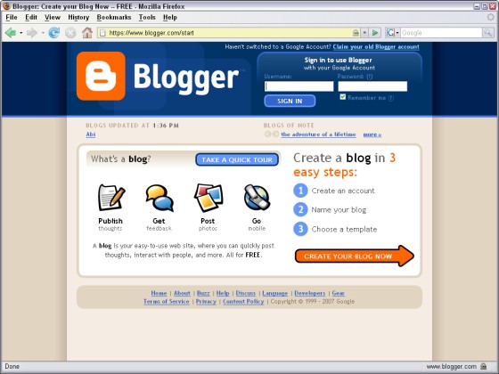 Figure 2-1: Get a free, easy‐to‐use blog set up quickly with Blogger.