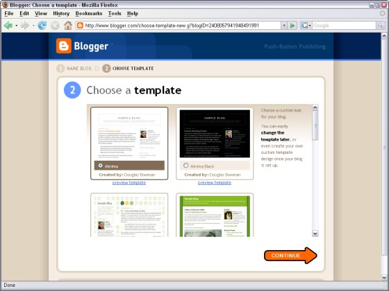 Figure 2-2: You can preview the Blogger templates when you start a new blog.