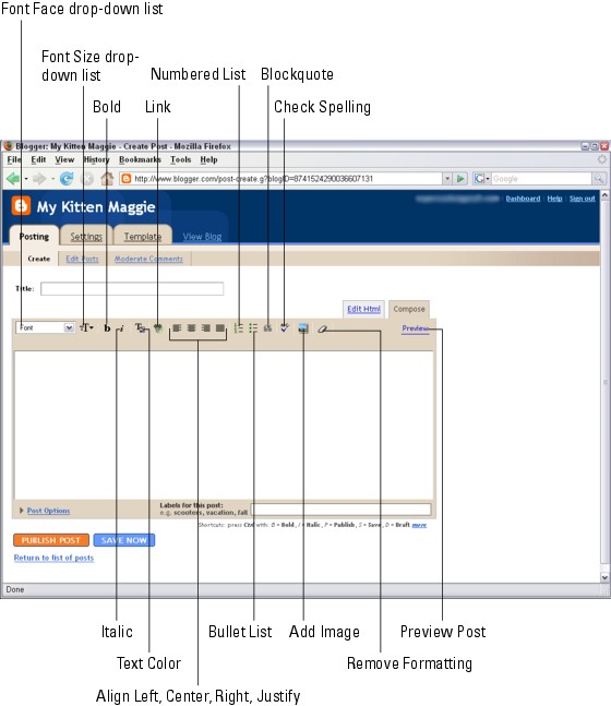 Figure 2-3: Posting to your blog is as easy as using a Web‐based e‐mail service.