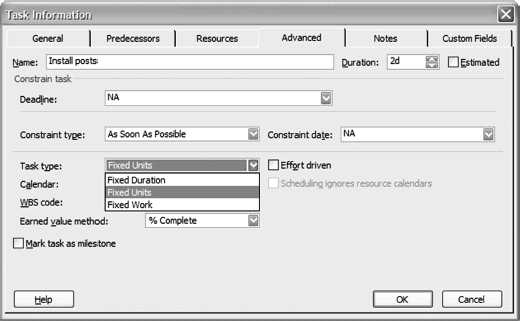 The Task dialog box. One of several places to set the task type.