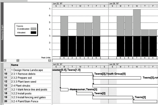 A combination view for identifying the source of resource overallocation. A resource graph on the upper pane identifies days with overallocation for a specific resource. Tasks for this resource are seen in the bottom pane in the Gantt view.