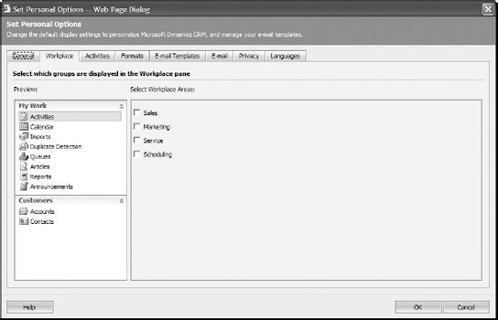 The Set Personal Options window, showing the Workplace tab.